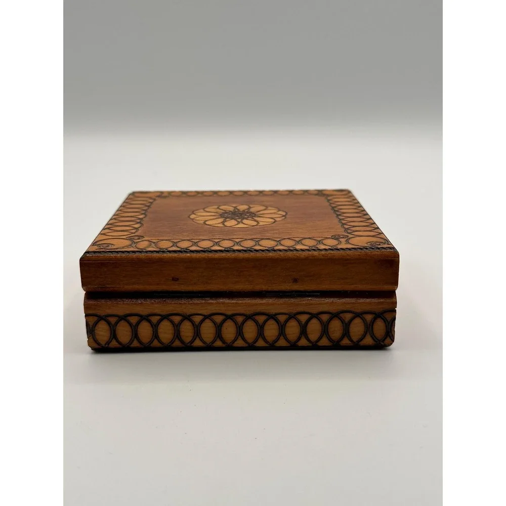 Vintage Hand Burned Pyrography Jewelry Box Small Wooden Trinket  Storage